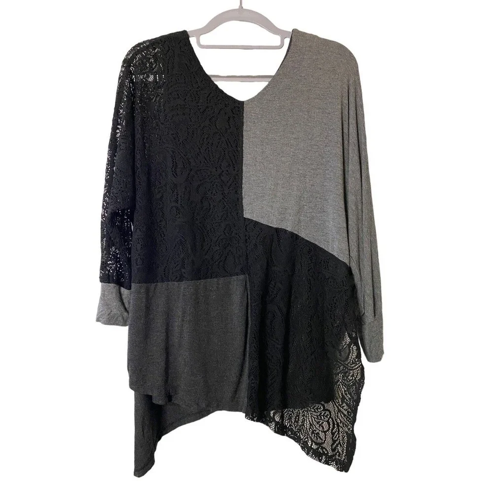 Democracy Top Black Lace Over Gray Soft Cotton Raglan color block asymetric Sz S - Picture 1 of 6